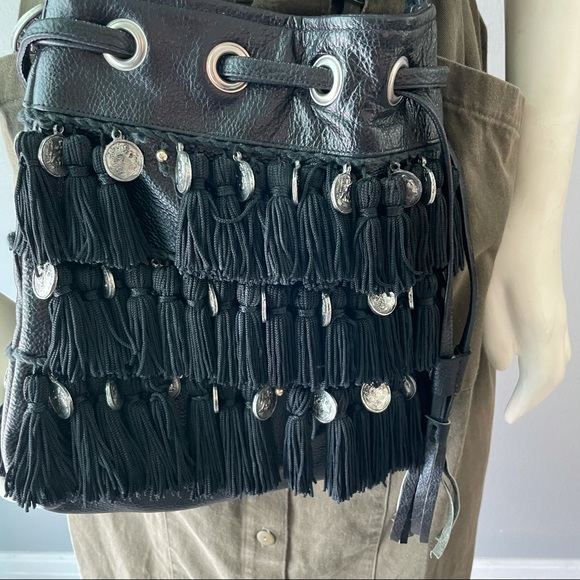 STELA 9 Leather Katari Coin Bucket Bag Black Fringe Tassels - Picture 6 of 11
